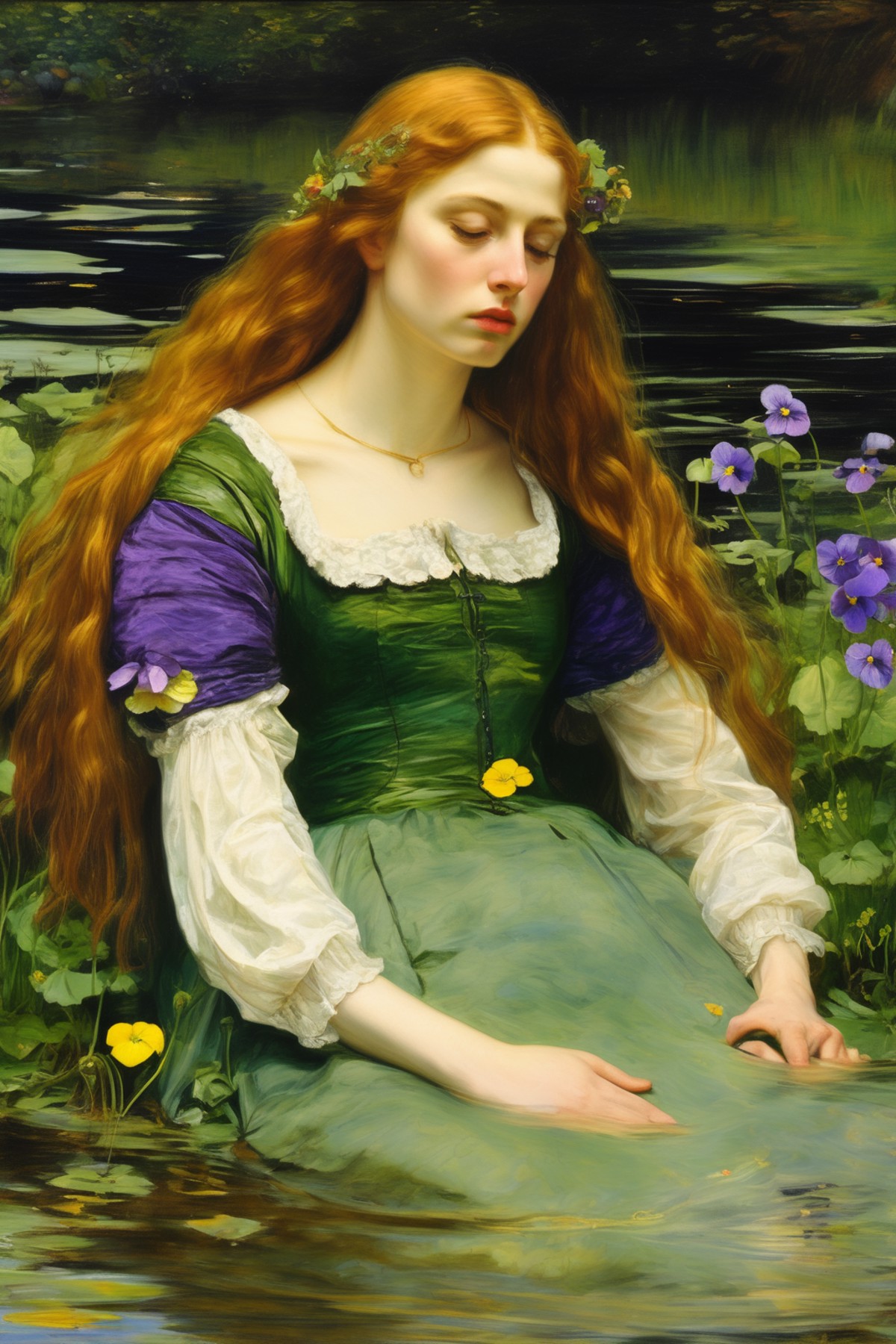 00243-3187702617-John Everett Millais Style - oil painting by John Everett Millais，Ophelia，1851，woman in medieval aristocratic clothing Floating.png